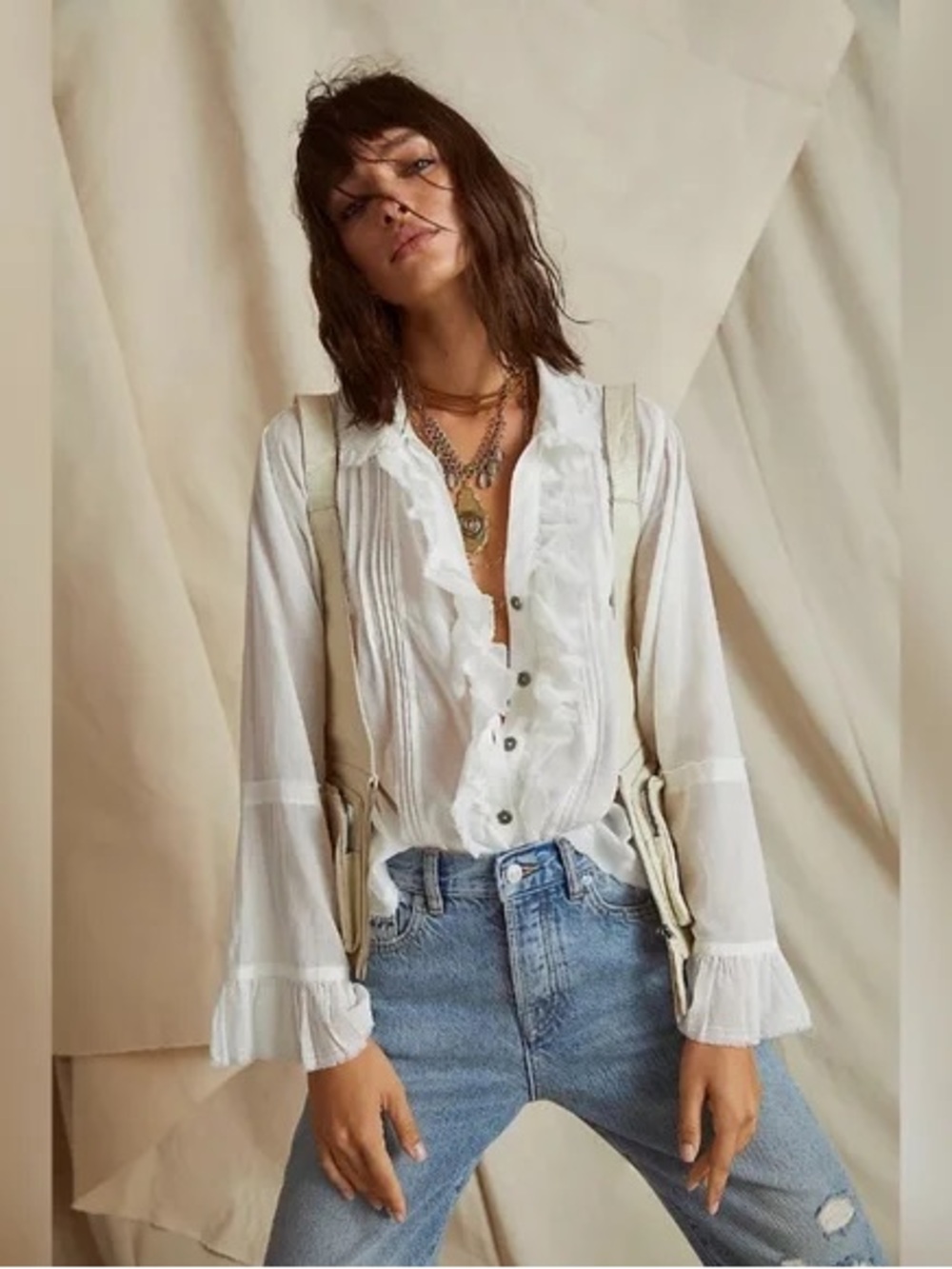 Nwt $128 Free People Savannah Ruffle Buttondown